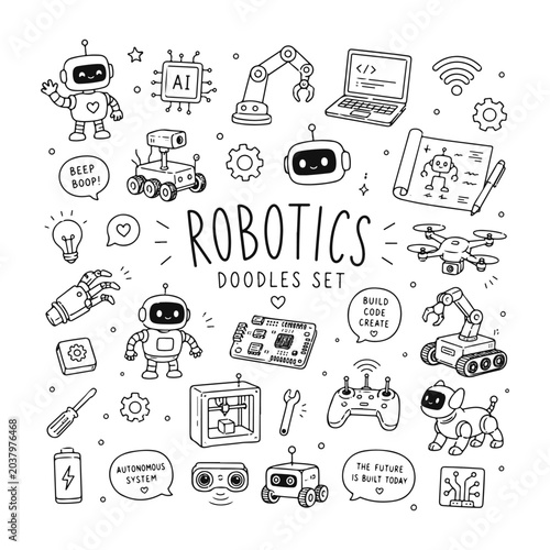 Robotics doodles set. Hand drawn vector doodle set on white background