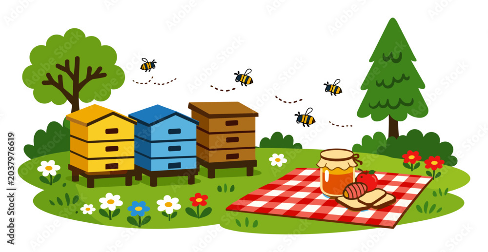 Fototapeta premium Beekeeping concept with colorful beehives, flying bees, and a picnic blanket with honey, apple, and bread in a green meadow