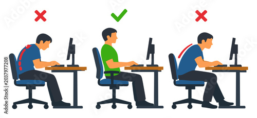 Man demonstrating good and bad sitting positions at a desk workstation, focusing on ergonomic health and posture awareness