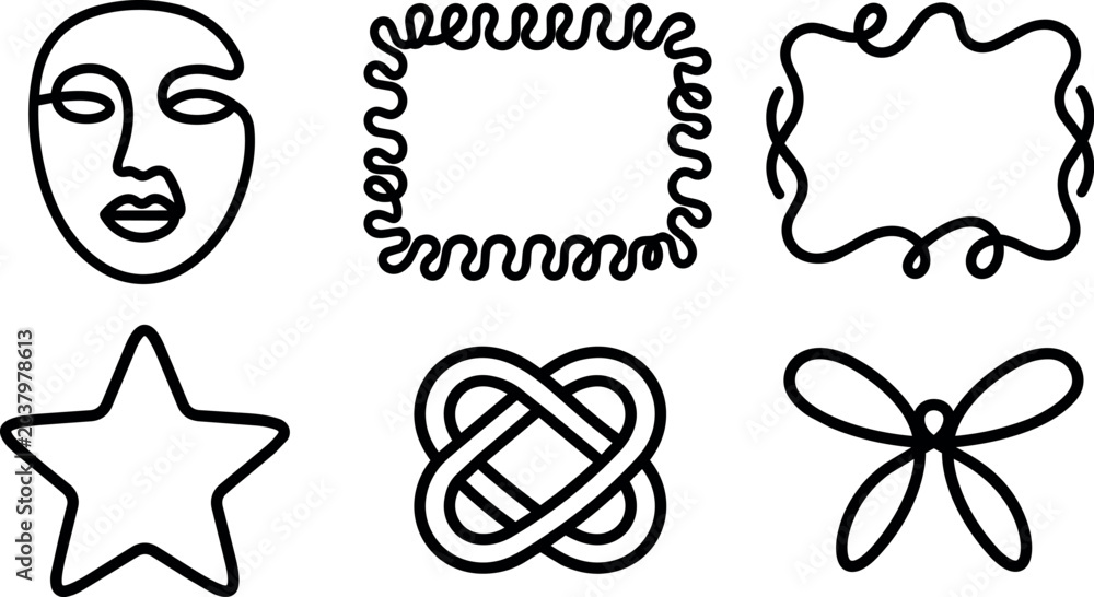 Fototapeta premium Black line art abstract face star knot frames and butterfly vector elements