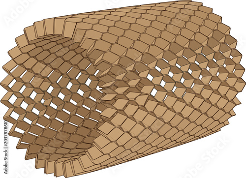 Three dimensional brown cardboard honeycomb cylinder structure, packaging kraft paper mesh roll vector illustration