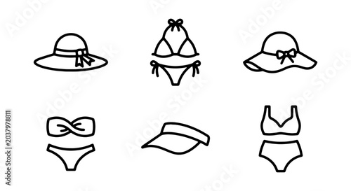 Fotografie Beachwear Icons Set: Bikinis, Hats, Visors