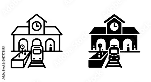 Cuadro en lienzo Train Station Icons, Railway Building Symbols, Public Transport Vector Graphics