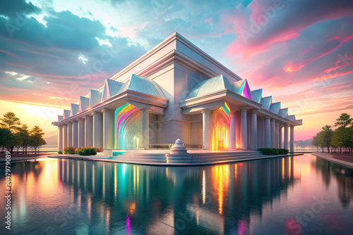 Serene neutral toned museum bathed in soft silver light with colorful glowing arches and reflections on water at sunset