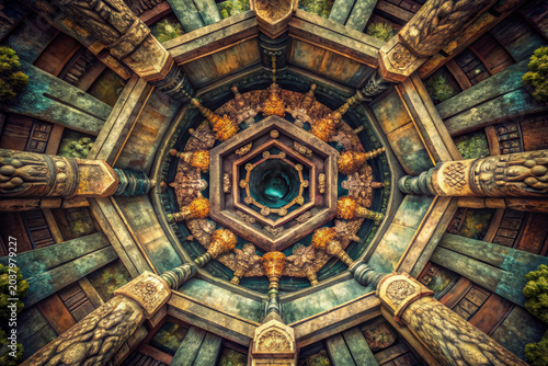Ancient stone well with intricate carvings and hexagonal design surrounded by detailed columns and lush greenery in vintage style