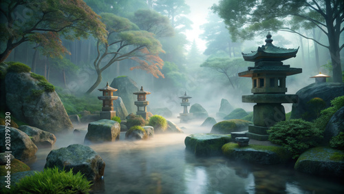 Misty Japanese garden with stone lanterns, lush greenery, and tranquil water creating serene and peaceful atmosphere in soft light