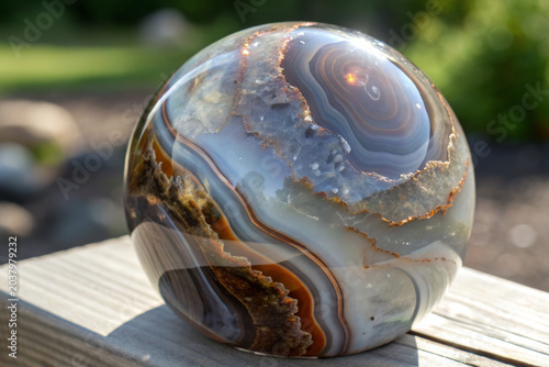 Mysterious glazed agate sphere with swirling patterns reflecting kaleidoscope of colors and textures, glowing warmly in natural light