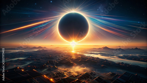 Cosmic eclipse with radiant light beams over mountainous landscape at sunset, creating surreal and vibrant celestial scene