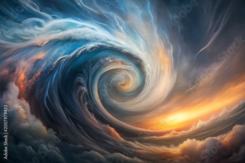 Swirling storm vortex with dynamic clouds and vibrant colors blending blue, orange, and gray in dramatic abstract sky scene