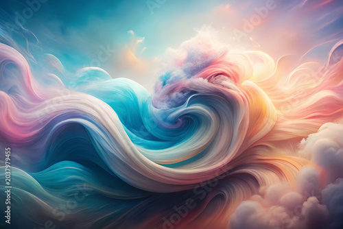 Ethereal swirling vibrant abstract cloudscape with serene soft pastel colors blending in elegant motion