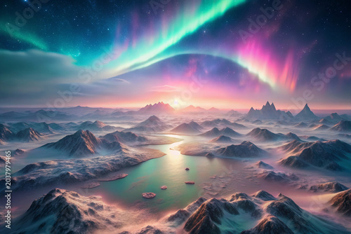 Northern lights over frozen mountain landscape with icy river and colorful sky at sunrise, creating magical and serene atmosphere