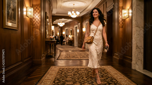 A beautiful cute girl walking through a luxury hotel corridor in an elegant dress