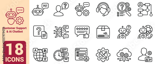 Fotografie Customer Support and AI Chatbot Line Icon Set, Customer Service Assistant, Help
