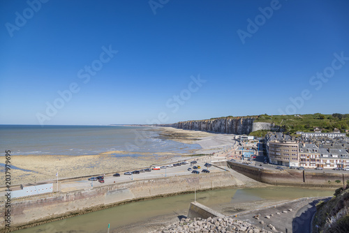 High-Angle View of the Harbor, Town, and White Chalk Cliffs at Low Tide in Saint-Valery-en-Caux, Normandy