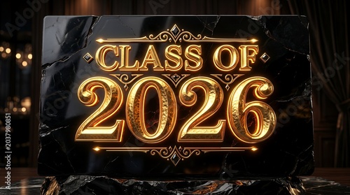 Class of 2026 engraved on black marble with gold accents.