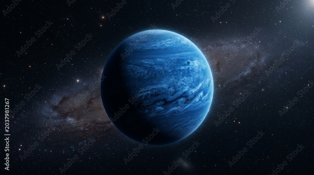 Obraz premium Vibrant blue gas giant planet with swirling clouds and atmospheric storms in deep space with stars and galaxy background