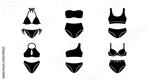 Fotografie Black Bikini Set Icons, Swimwear Collection, Summer Fashion Vector Graphics