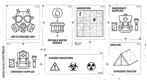 Post collapse survival essentials vector infographic with emergency supplies navigation systems portable water filtration and disaster preparedness concepts