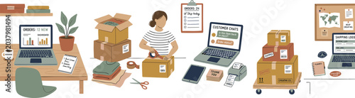 Tablou pe pânză Small business fulfillment workflow vector illustration with handmade packaging