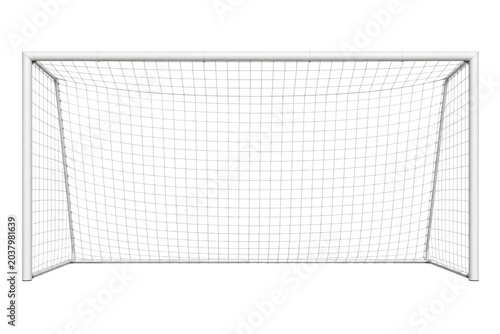A soccer goal net stands alone in an empty stadium