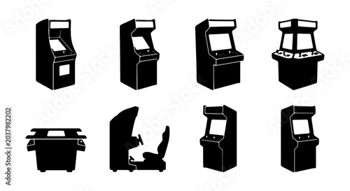 Принти на полотні Retro Arcade Machine Icons, Vintage Game Cabinet Silhouettes, Classic Gaming Col