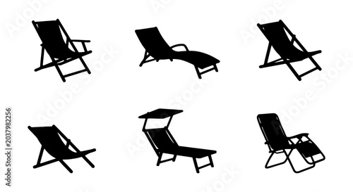 Fotografía Deck Chair Silhouettes, Beach Lounger Icons, Outdoor Seating Vector Set