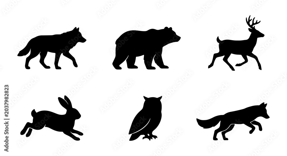 Obraz premium Wild Animal Silhouettes Set: Bear, Wolf, Deer, Fox, Owl, Rabbit Icons