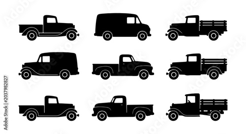 Foto Vintage Truck Silhouettes, Retro Van Icons, Classic Vehicle Set