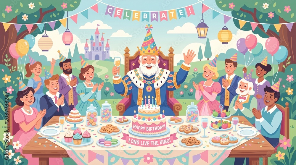 Obraz premium Celebration Event, Royal King, Fairytale Castle, Digital Illustration, Festive Atmosphere, Frontal View, Joyful Gathering