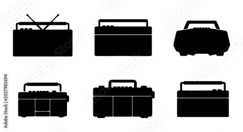 Foto Retro Boombox Silhouettes, Vintage Portable Radio Icons, 60s Music Player Graphi