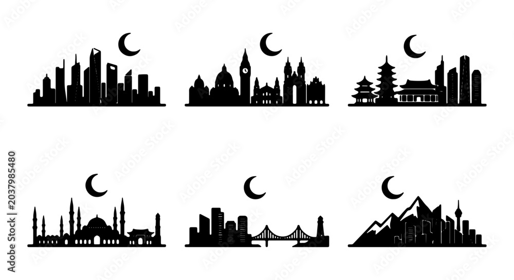 Fototapeta premium Global City Skylines Silhouette Collection, Diverse Architecture, Night Moon, Vector Icons