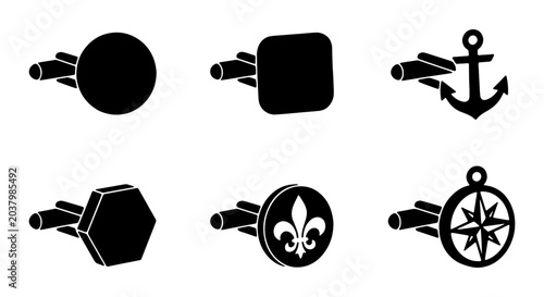 Cuadro en lienzo Nautical and Classic Cufflink Icons: Anchor, Compass, Fleur-de-lis, Geometric Sh