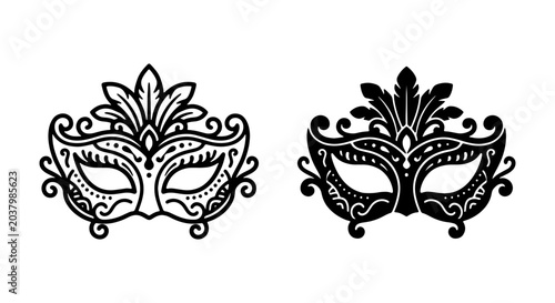 Elegant Masquerade Masks, Venetian Carnival Icons, Ornate Party Face Coverings, Black and White Vector Graphics