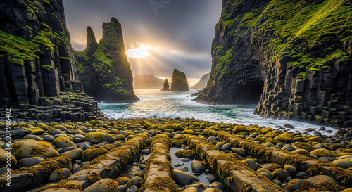Coastal Landscape Basalt Columns Green Moss Ocean Waves Golden Light