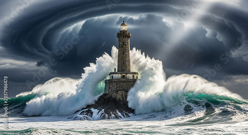 Dramatic Stormy Ocean Lighthouse With Crashing Waves Under Dark Sky