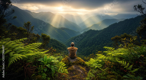 Man Sitting On Rock Overlooking Sunlit Green Valley Mountain Landscape