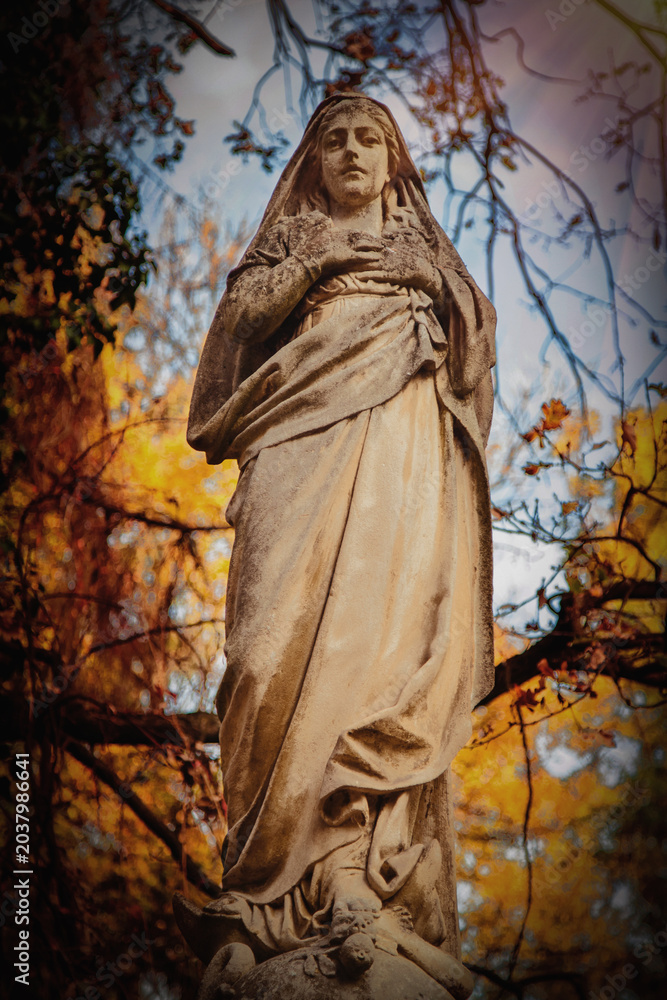 Obraz premium Graceful angel statue standing among autumn trees, symbolizing hope, faith and divine protection.