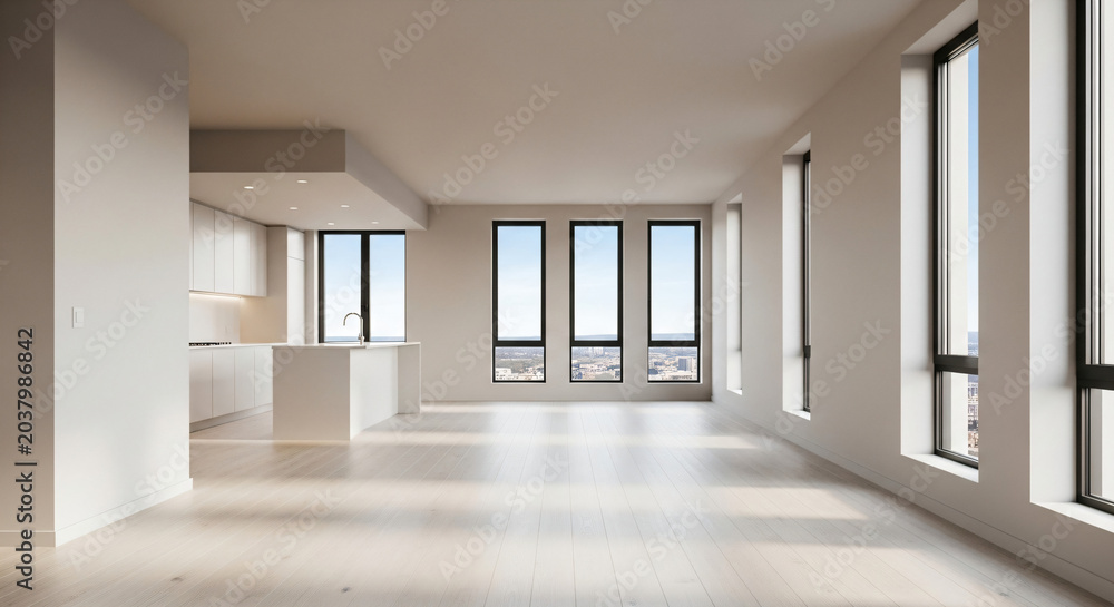 Fototapeta premium Modern Empty Apartment Interior With Kitchen And Large Windows