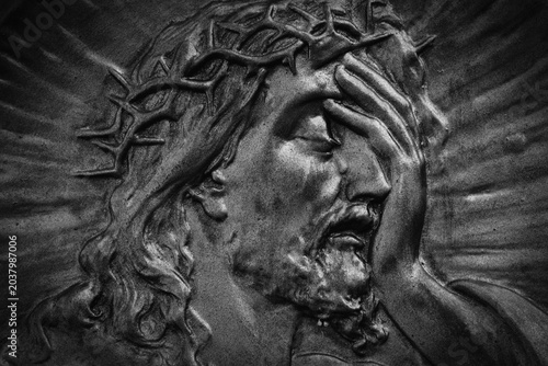 Bilde på lerret Jesus Christ covering his face in sorrow, symbolizing suffering, grief and human anguish