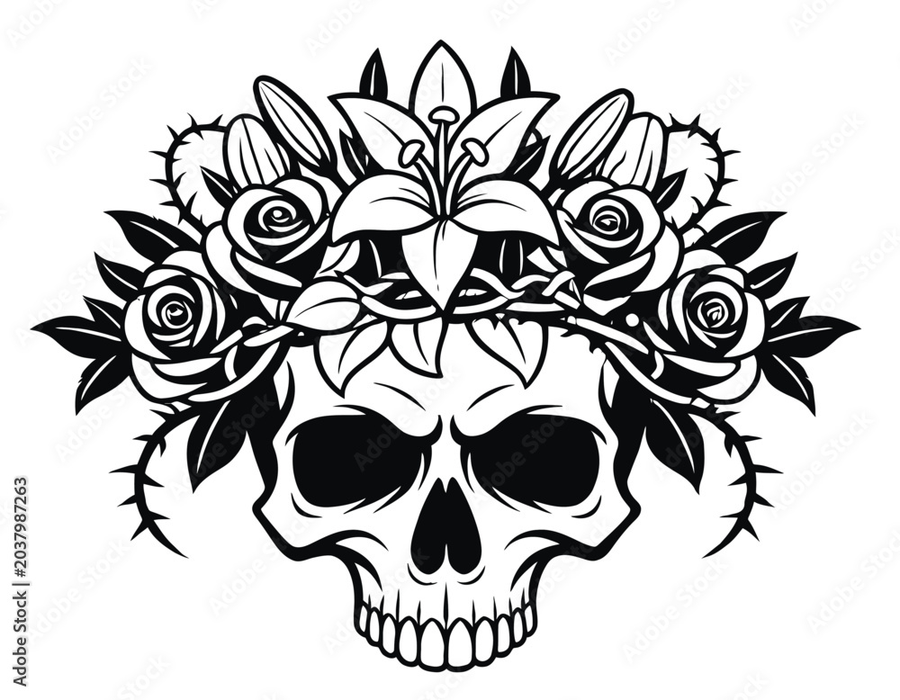 Fototapeta premium A gothic skull adorned with a dark floral crown and lace, showcasing a eerie yet beautiful scene.