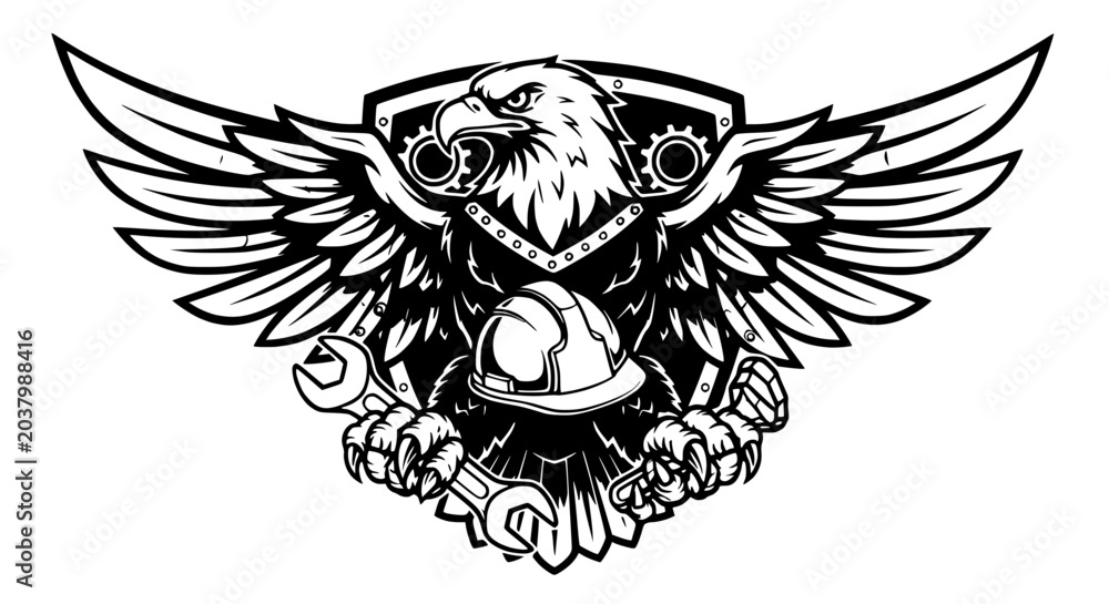 Obraz premium Eagle Mechanic Mascot Shield Illustration