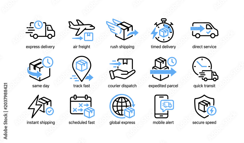 Fototapeta premium Delivery icons showing express shipping, tracking and transit services
