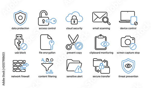 Security and data protection icons arranged on white background