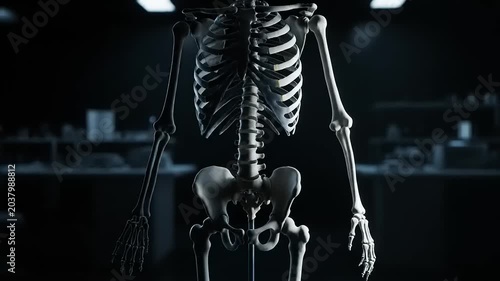 A detailed skeleton model stands in a dark laboratory setting with various equipment.