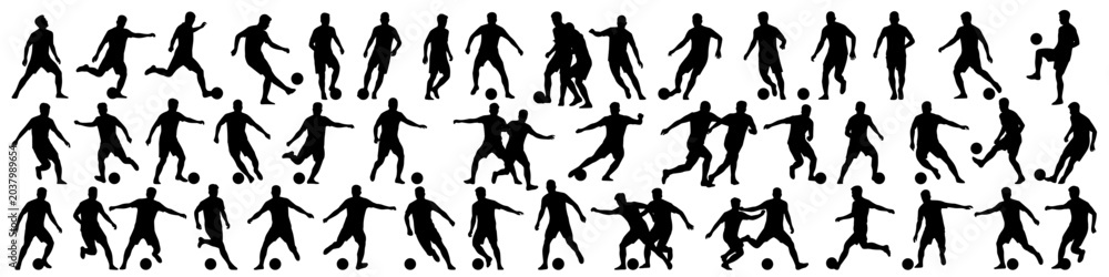 Obraz premium vector set of football strikers shooting and dribbling silhouettes on transparent background