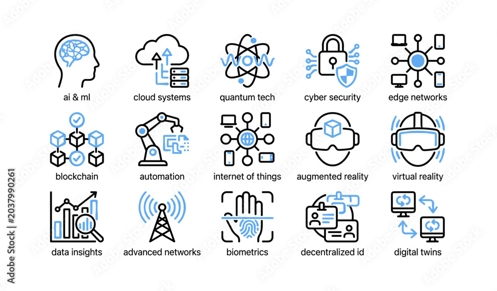 Fototapeta premium Technology concept icons arranged in a grid on white background