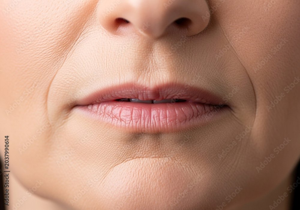 Naklejka premium Closeup of woman’s lips with pink lipstick. Soft lighting highlights skin texture and subtle makeup details.