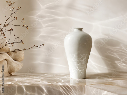 White Porcelain Vase with Branches and Ripple Light