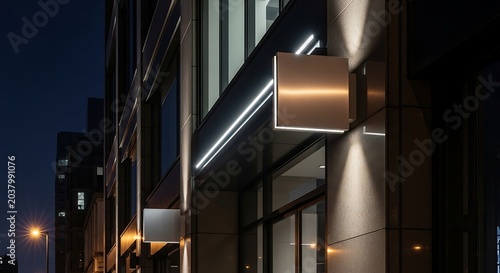 Signboard square metal frame illuminates the entrance of a modern office building at night time.