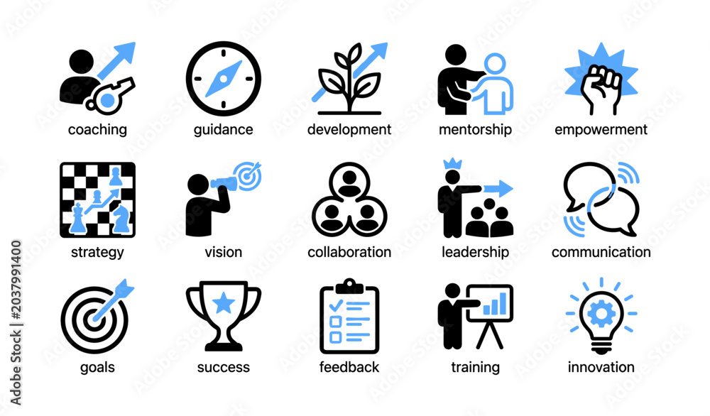 Fototapeta premium Business coaching and leadership icons on white background